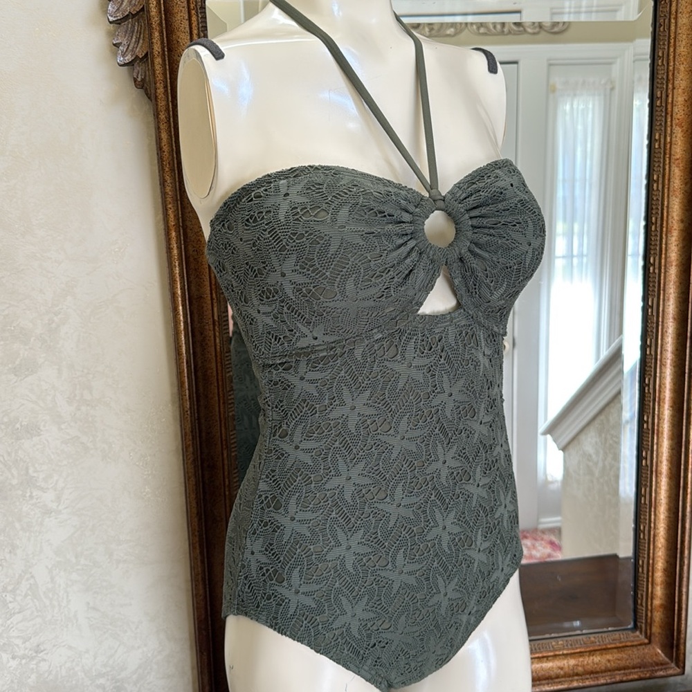 New without tag. Vince Camuto Sage Green Lace Swimsuit. Size 12.